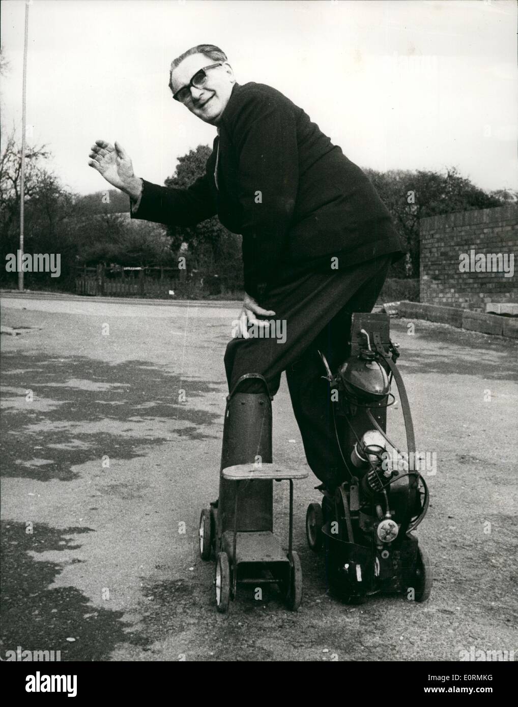 Jan 1, 1960 - 145 Miles to the Gallon : Tommy Hancocks, a 73-year-old building contractor, rolls to work on his latest motorised roller skates. They may not look very much like roller skates by the time Tommy has added a drive shaft, a lawn mower engine and a small petrol tank - doing 145 miles to the gallon. Steering is controlled with the feet and everything else with the knees. From a straight position you bend the knees and that lets in the clutch and opens the throttle. You straighten the knees again to apply the brakes. There is also a handbrake in case of emergency. Stock Photo