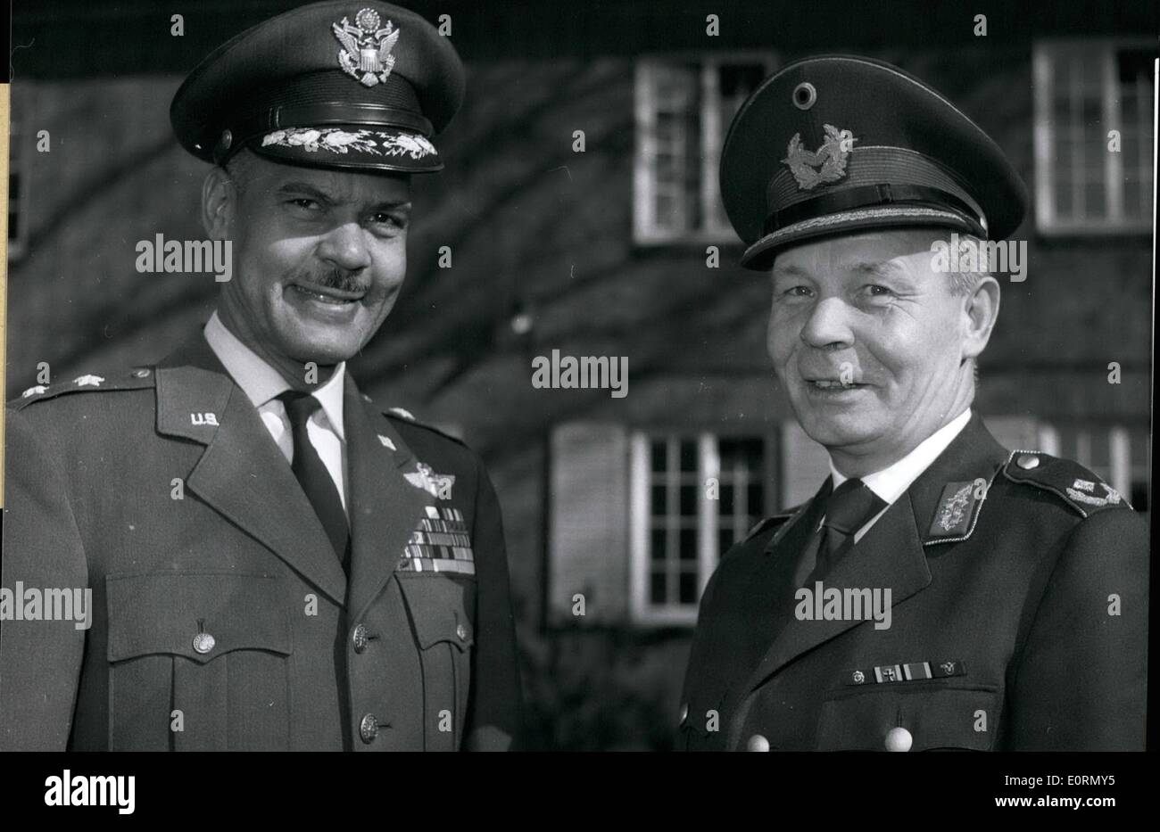 Mar. 03, 1960 - The Only Coloured US - General: The 48-year-old Major-General Benjamin Davis (Benjamin Davis) held a speech st the leading Academy, a training school for officers of the staff, in Hamburg- Blankenese on Thursday, March 24th, 1960. Davis who ist stationed in Trier in South-West Germany, has one of the top ranking jobs in the NATO: he is deputy chief of staff of the US-Air -Force (USAFE). Picture Shows Major General Davis talking to his host, Brigadier Sigismund Von Frankenstein (Sigismund Von Frankenstein) Stock Photo
