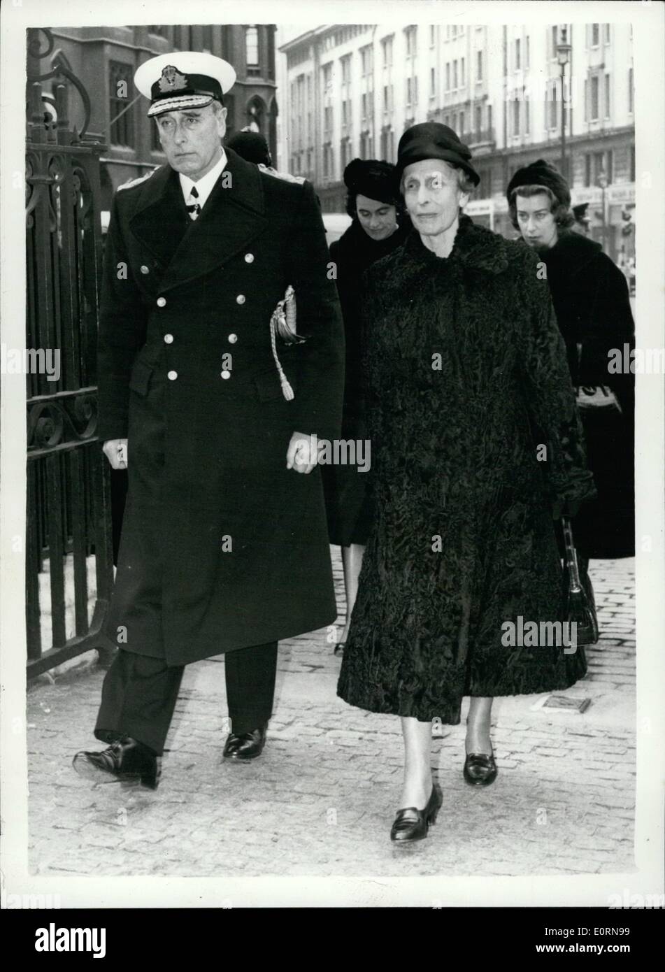 Mar. 03, 1960 - Countess Mountbatten Memorial Service at the Abbey: A Memorial service for Countess Mountbatten was held this morning at Westminster Abbey. Photo shows Earl Mountbatten escorts Queen Louise of sweden - followed by his two daughters - as they arrive for the service this morning. Stock Photo