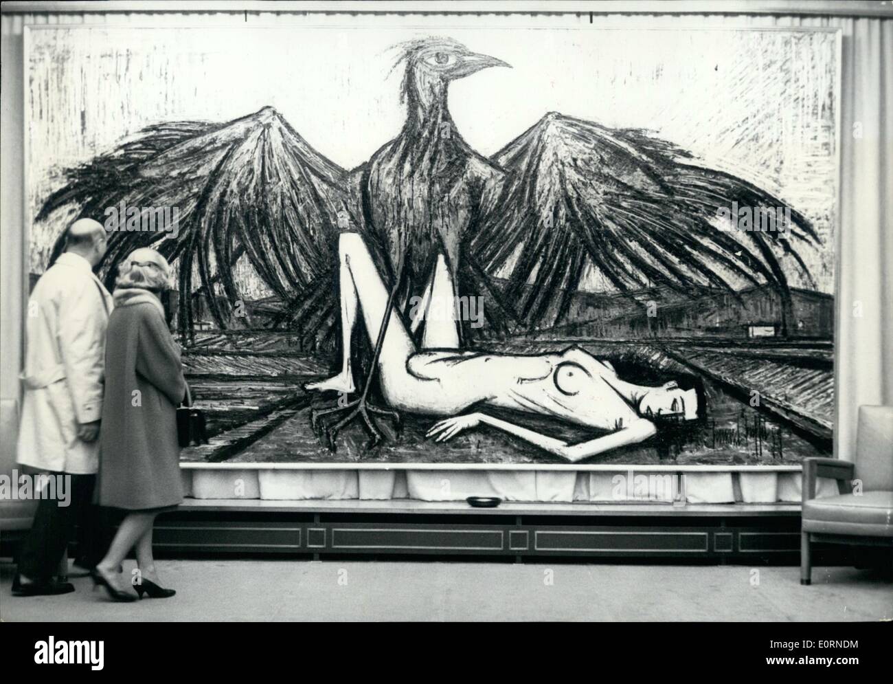 Feb. 02, 1960 - Bernard Burrfet gives up ''Blanck and White'' uses colour: An Exhibition of Bernard Buffet's latest paintings opened in a Paris art gallery in the Avenue Matignon to-day. In his new paintings Bernard Buffet who seems to have given up his usual ''Black and White'' style uses colour for the first time. most of the paintings are dedicated to Birds. Photo shows One of the new paintings by Bernard Buffet. Stock Photo