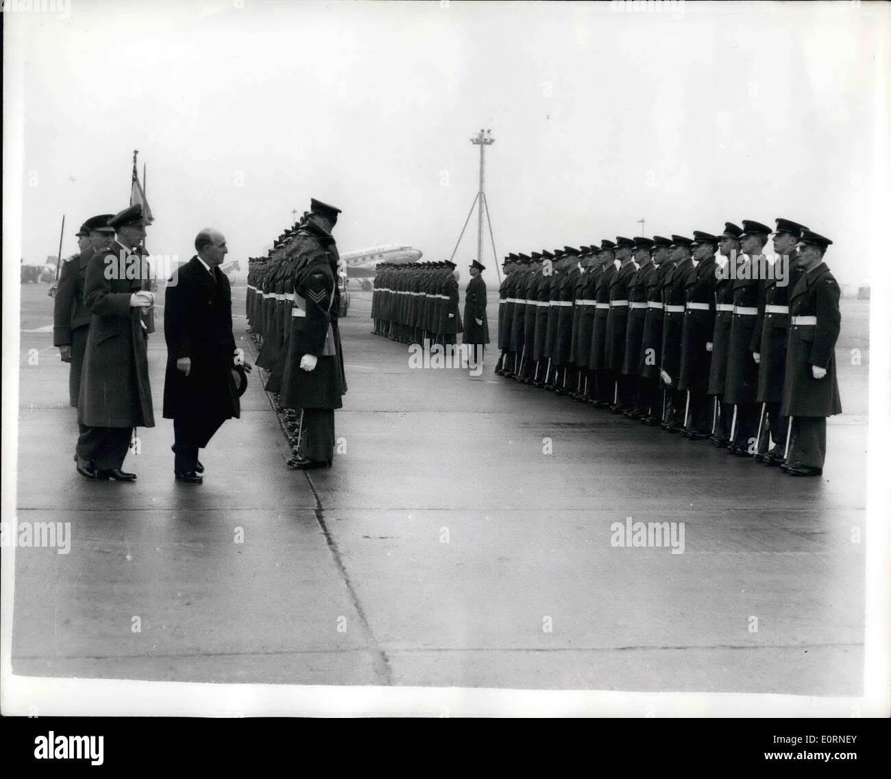 Feb. 02, 1960 - President of Peru Arrrives for Official visit: President Manuel Prado of Peru and his wife arrived at London Airport this morning at start of their official visit. Mme. Clorinda Prado is said to be one of the smartest dressed women in Latin America. Photo shows President Prado inspects the Guard of Honour at London Airport this morning. Stock Photo