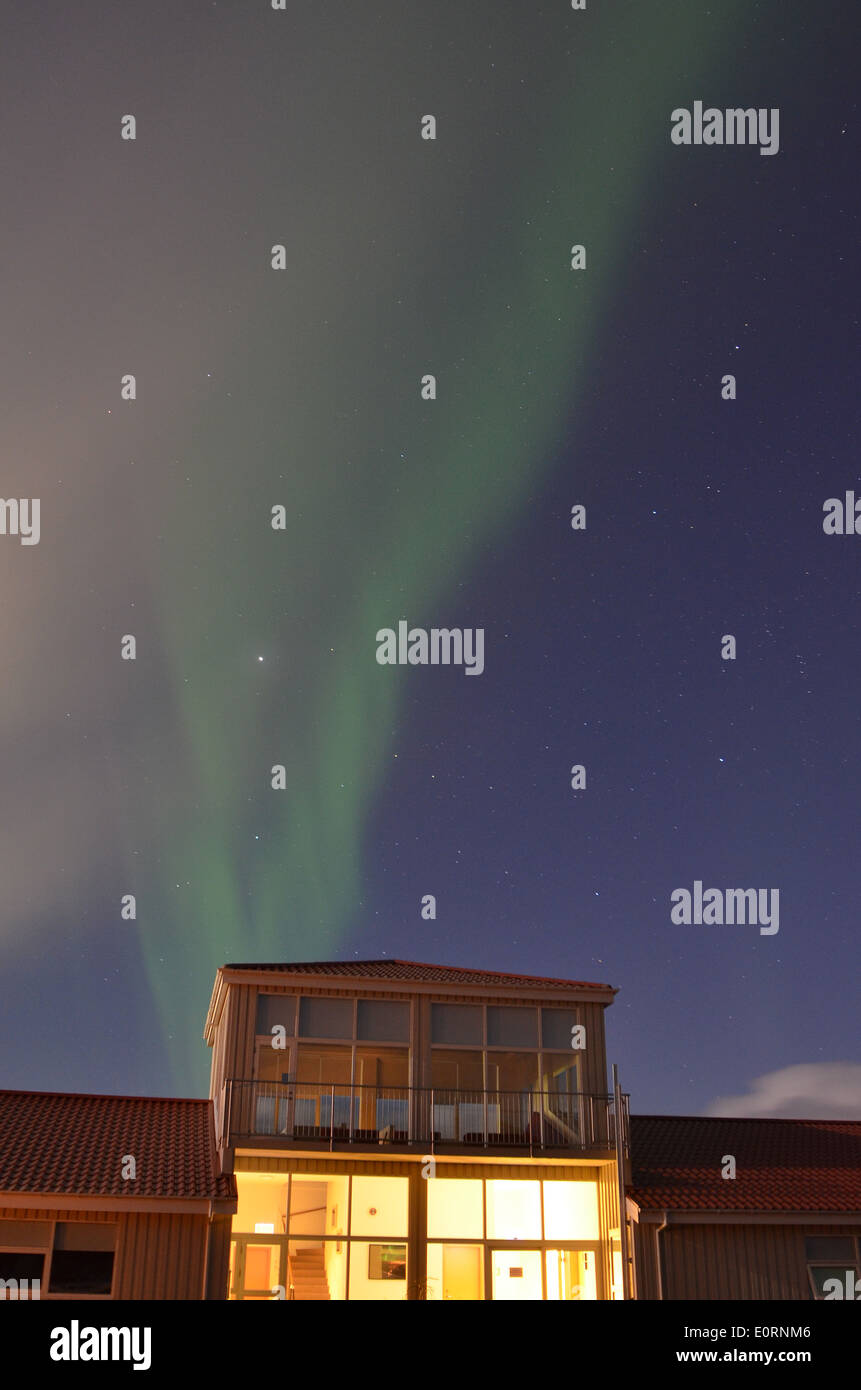 Aurora above the Northern Lights Inn, near Grindavik, iceland Stock Photo
