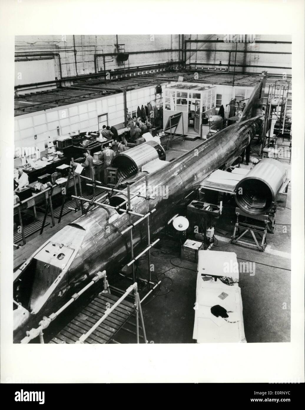 Feb. 02, 1960 - 1,500 Mph Steel Aircraft Takes Shape. The Bristol Type 188, stainless steel, welded, research aircraft, designed to fly at 1,500 Mph, under construction at Filton, England. Due to begin tests this year, the single seat 188 will be powered by two De Havilland Gyron, reheated, turbo jet engines and intended for the investigation of the problems of high speed flight in which heat plays a great part Stock Photo