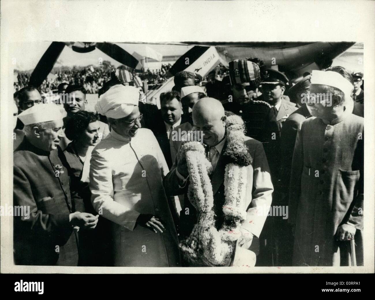 Feb. 02, 1960 - Mr. Kruschev In New Delhi. Photo shows Mr. Kruschev with L-R:- Mr. Nehru the Indian Prime Minister; Dr. S. Radhakrishnan (Indian Vice President); and Dr. Rajendra Parasad the Indian President - on arrival of the former at Delhi airport - for his official visit. Stock Photo