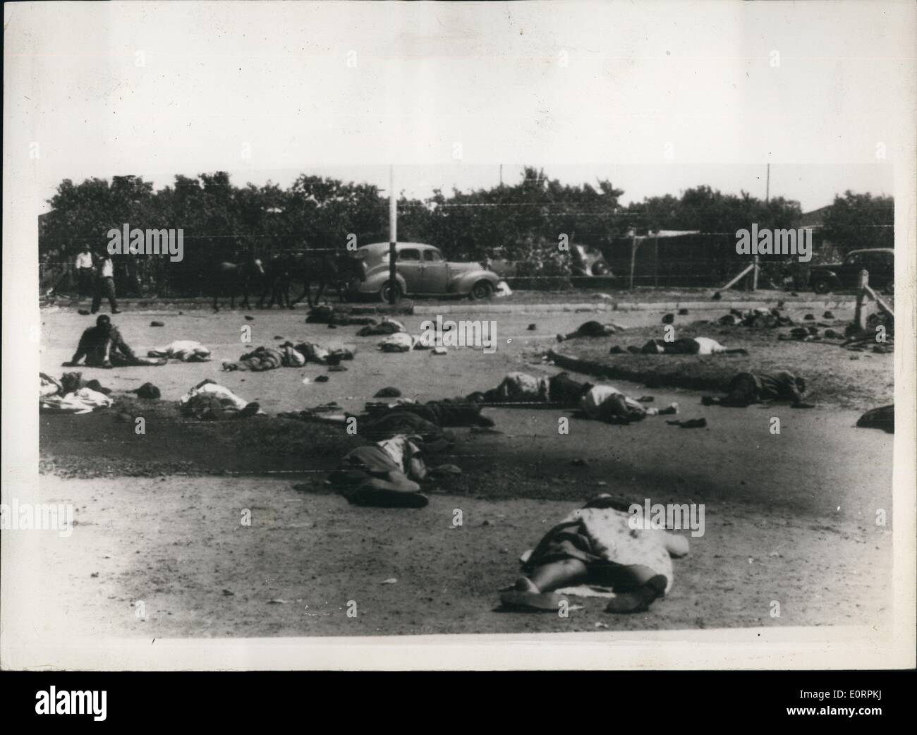 Mar. 03, 1960 - Thirty four Africans die in riots. Casualties after the shooting.: It is reported that thirty four Africans died today - and a further 100 wounded - when police opened fire on natives at Sharpeville, thirty miles from Johannesburg. The rioting started during the native campaign against the rule of forcing them to carry passes. Africans screaming ''Africa'' besieged the local police station for several hours. Jet aircraft which screamed overhead in an attempt to frighten the Africans only made them more angry Stock Photo