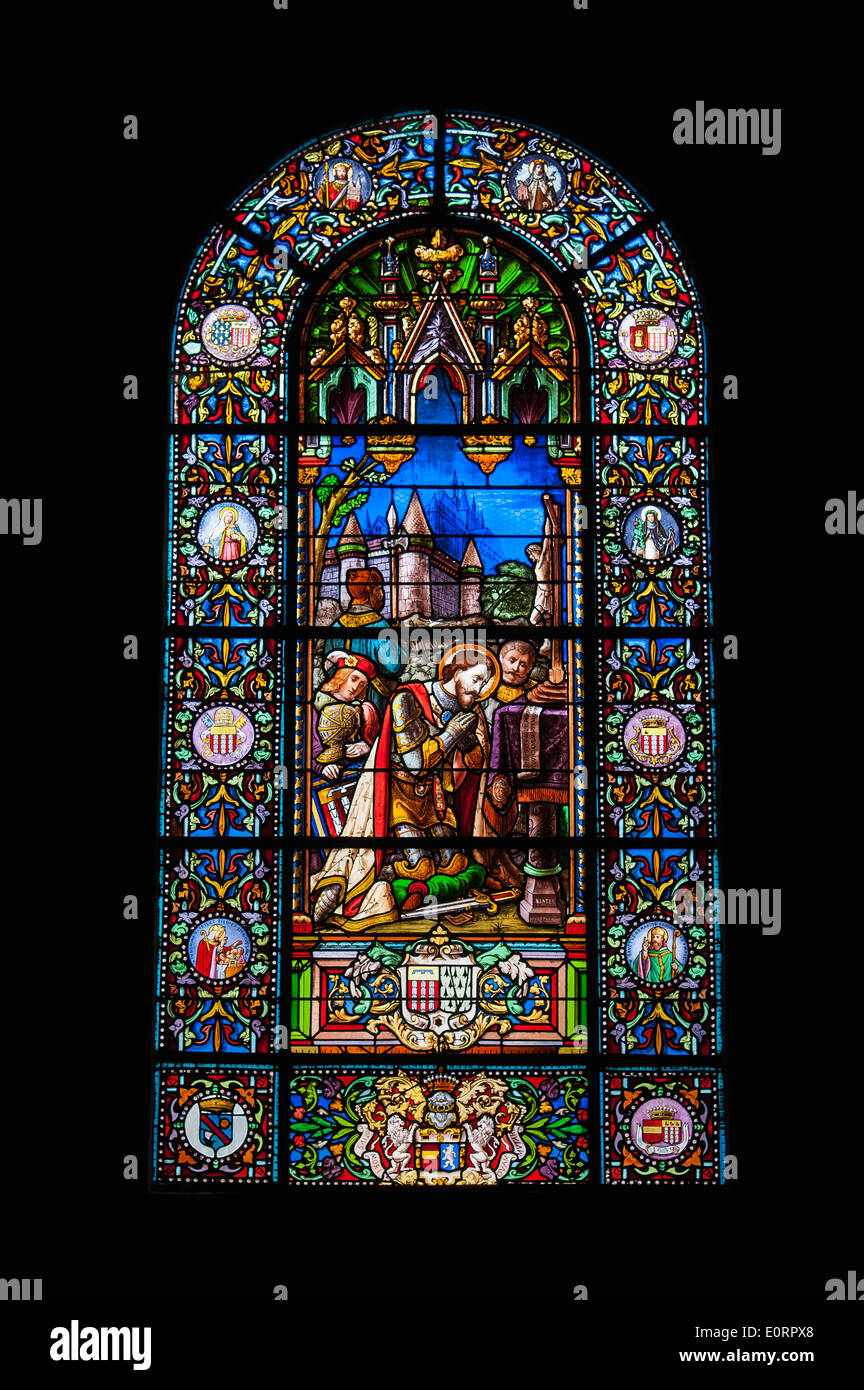 Stained-glass window showing Saint Cornelius in the Eglise Saint-Cornely, Carnac, Morbihan, Brittany, France, Europe Stock Photo