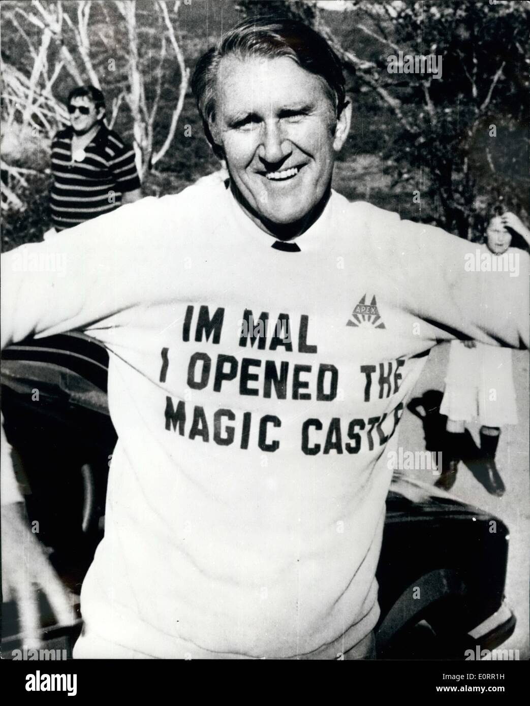 May 05, 1960 - ted P.M.: Australia's Prime Minister Malcolm Fraser, dons a T-Shirt when opening a chalet for under-privileged children. One of Australia's Year of the Child projects at Smigg Holes, N.S.W.. The Chalet designed as a rehabilitation mountain retreat for the children, and Mr Fraser decribed it as a real ''magic castle' Stock Photo