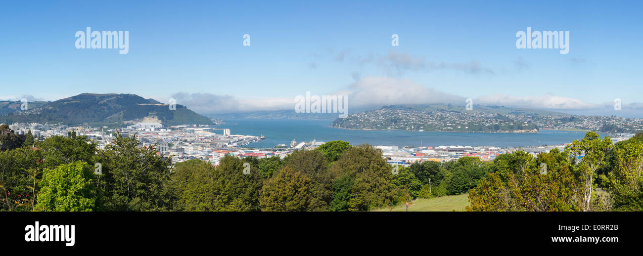 Dunedin, New Zealand panorama of the city and Otago Peninsula and Bay Stock Photo