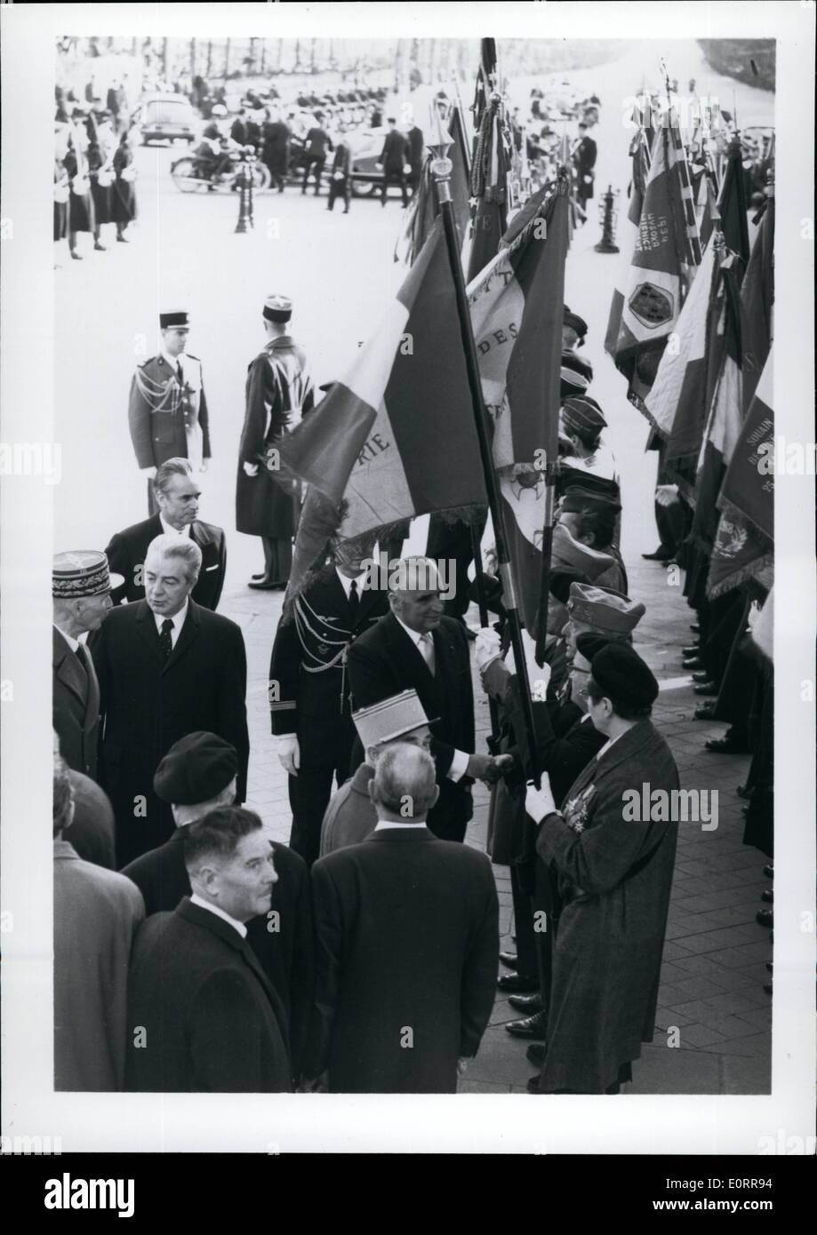 May 05, 1960 - Armistice Day - (Novermber 11th) Mr Pompidou reviewing veterans of the First World War. Stock Photo