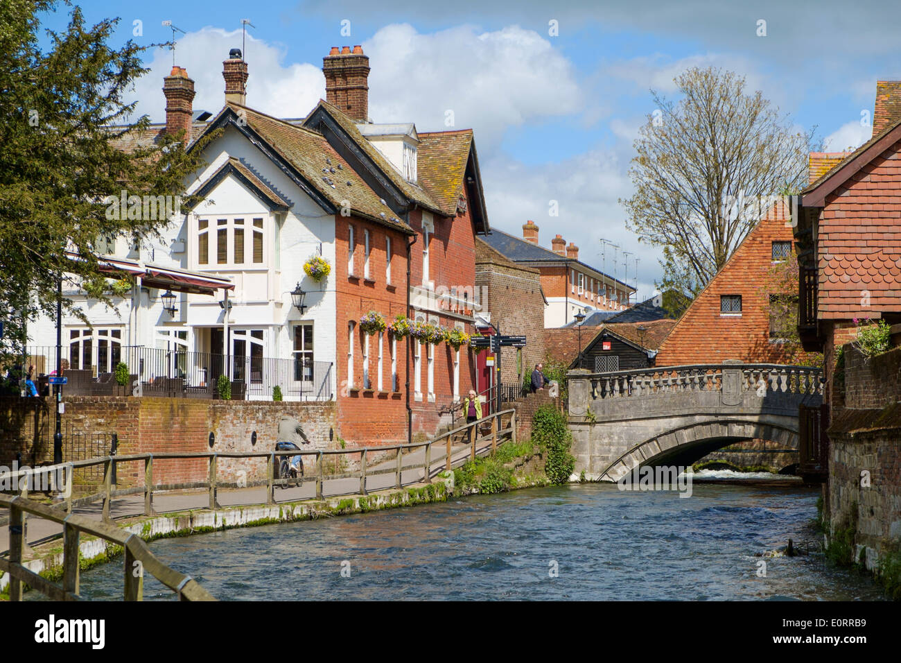 Bridge over the River Itchen and riverside path, Winchester, Hampshire, England, UK Stock Photo