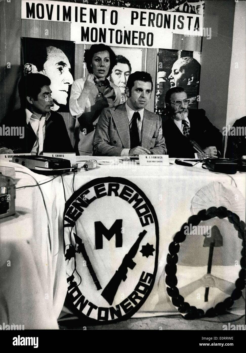 May 08, 1960 - Leaders Of The ''Argentina Montoneros'' Hold Press Conference In Rome: The leaders of the 'Argentina Montenerses' Marie Firmenich, held a press conference in Tome. accompained by many aspenents of the Argentina resistance. He explained the program of the new premist movement that takes the names of 'Movimients Perensit Mentomere' the will result by the union of the guerilla with the polieticial movement of the Authentic Party, experenist of the left. Photo Shows Mario Firmenicr, center during his press conference in Rome Stock Photo