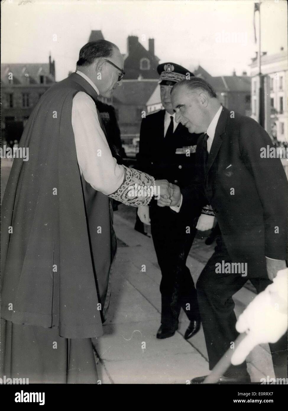 May 08, 1960 - Orleans remembers Joan of Arc: Faithful to an over five centuries old tradition Orleans celebrated today it liberation by Loan of Arc 534 years ago. Prime Minister George Pompidou resided the ceremonies. Cathedral shakes hands with Archipniest Mgr. Brun, archipriest of the Cathedral. Stock Photo