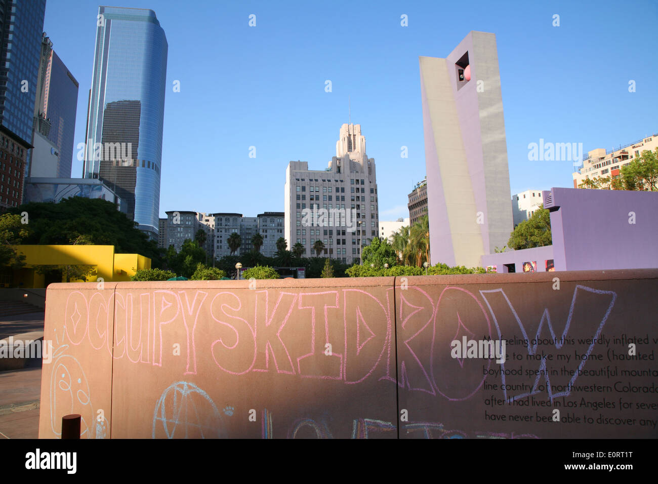 Graffiti covers some of the artistic monuments in Pershing Square in downtown Los Angeles. Stock Photo