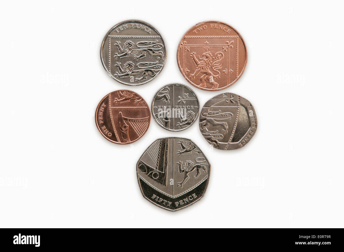 Reverse side of British sterling coins which form the Queen's coat of arms shield Stock Photo