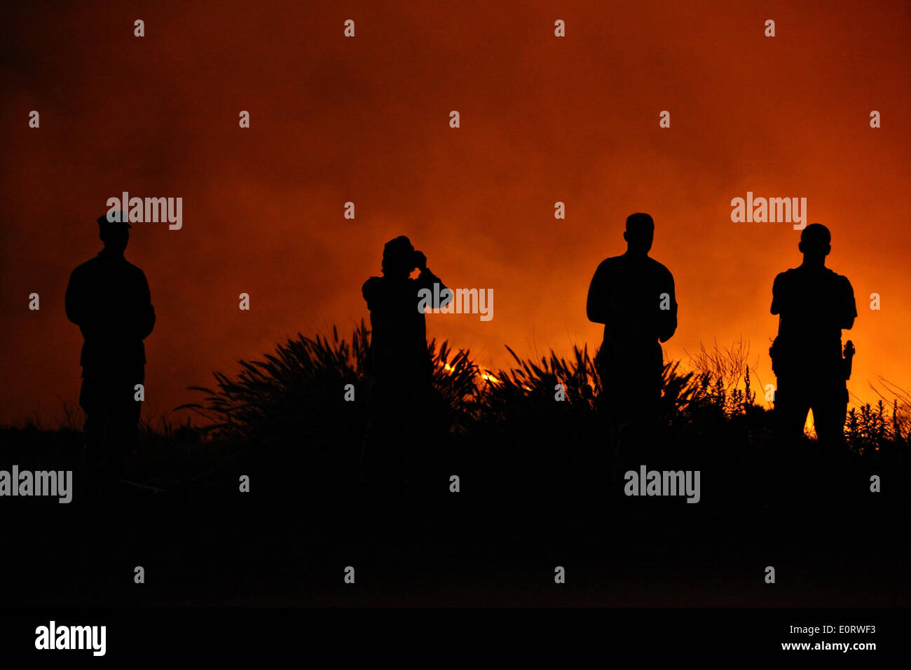 US Marines silhouetted by flames as they watch the Las Pulgas and Tomahawk wildfire burn at night in the foothills around the Marine Corps base May 15, 2014 in Camp Pendleton, California. Stock Photo