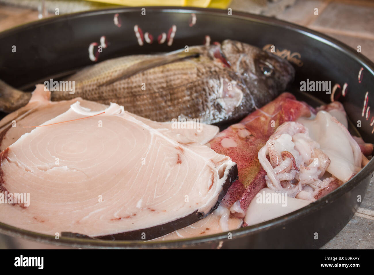 fresh raw swordfish "sea bream" bream seafood pan "dripping pan cook