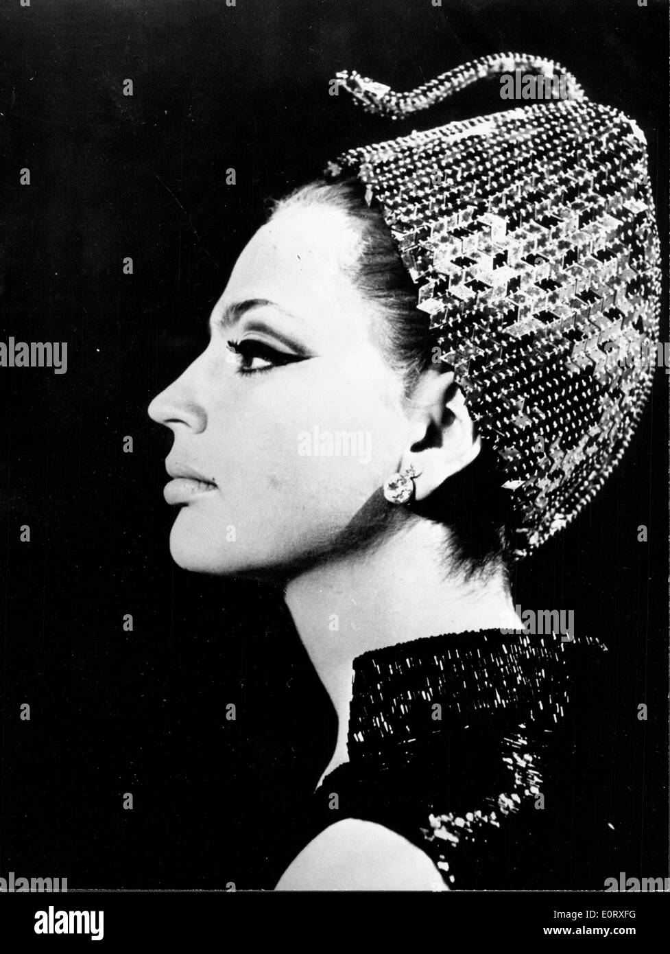 Profile of Princess Ira Von Furstenberg in sequin hat Stock Photo