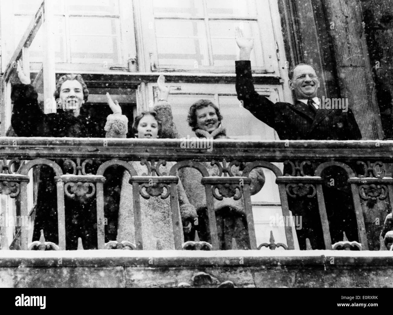 King Frederick IX and family wave from balcony Stock Photo