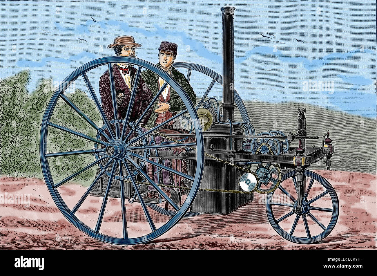 History of the automobile. Steam-powered wheeled vehicles. Engraving, 19th century. Later colouration. Stock Photo