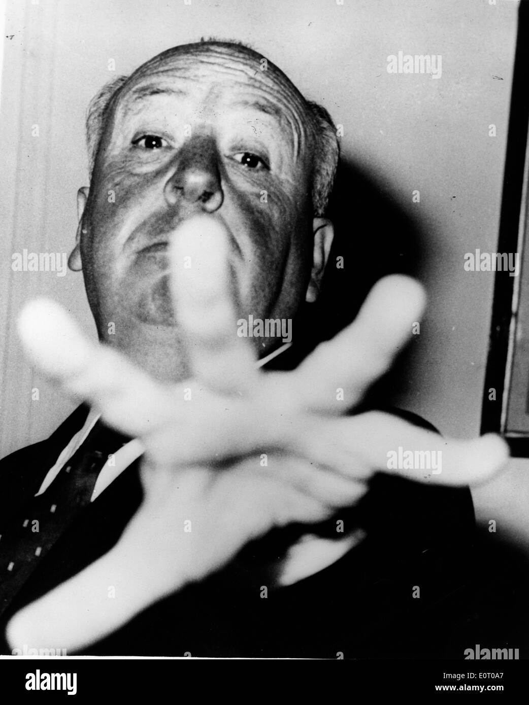 Film Producer Alfred Hitchcock at a press conference Stock Photo