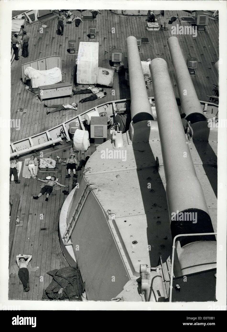 May 31, 1960 - Press Visit to H.M.S. Vanguard - For Last Time w Sunbathing: Members of the Press paid a visit to the batten s Stock Photo
