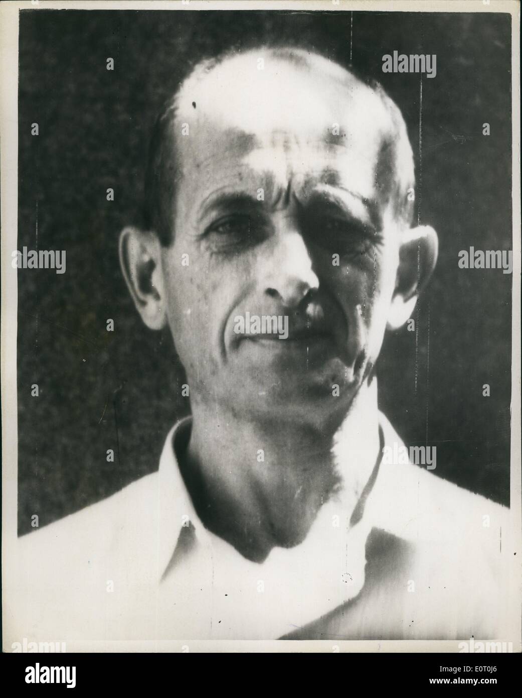 Jun. 06, 1960 - First portrait of Adolf Eichmann since capture by Israeli Intelligence Agents.: This is the first portrait of Adolf Eichmann who is claimed to be the world's most notorious killer - issued today by his captors - Israeli secret service men. He is accused of organising the horrifying efficient system of mans extermination of Jews between the year 1938 - 1945 - by gas chamber and other methods. Eichmann is now 53. Eichmann was arrested in the Argentine by secret agents of the Israeli Government - after months of careful investigation. Stock Photo