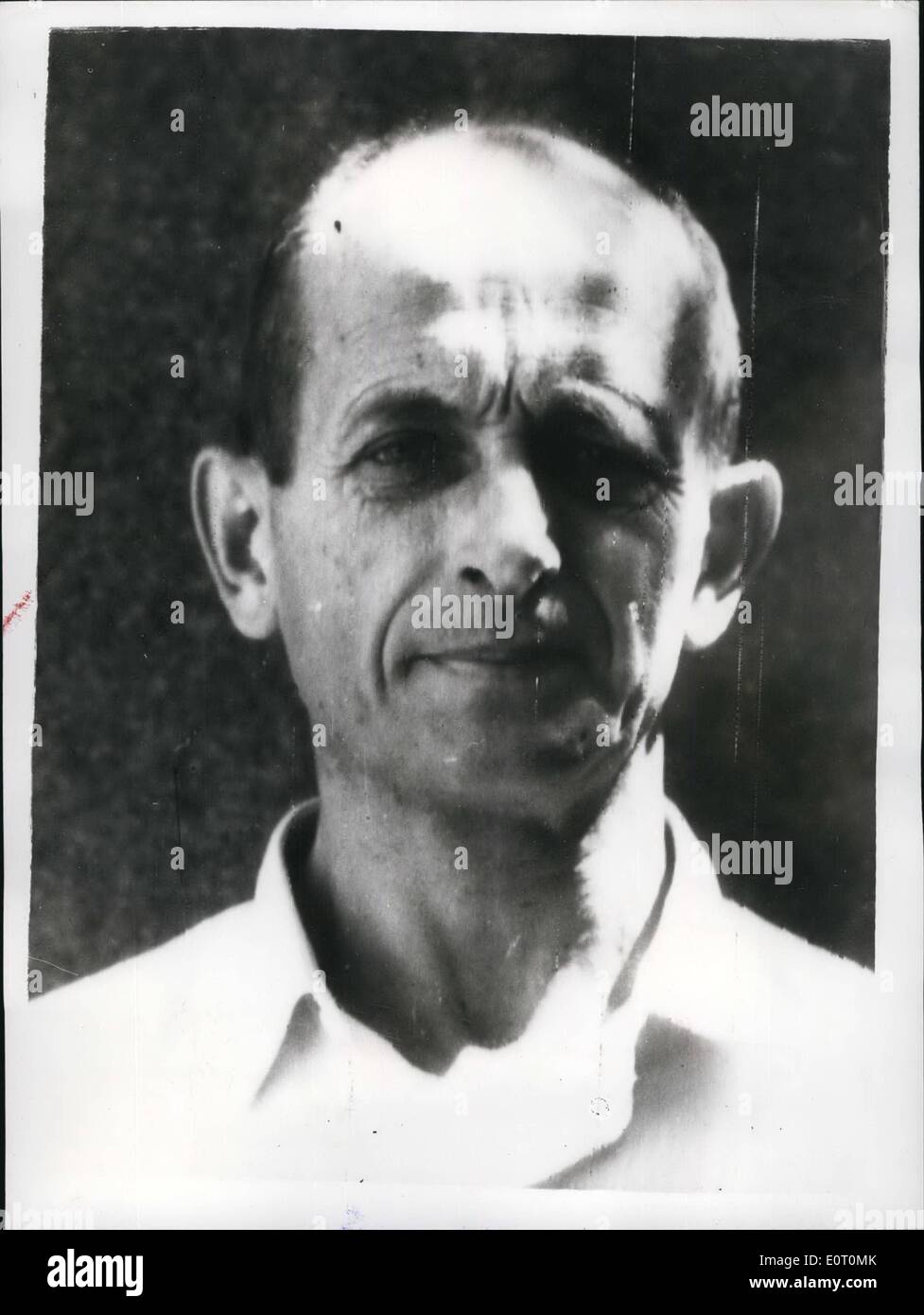Jun. 06, 1960 - First Portrait of Adolf Eichmann since capture by Israeli intelligence agents: This is the first portrait of Adolf Eichmann former Nazi SS Colonel claimed to be the world's most notorious killer issued today by his captors - Israeli secret service men. He is accused of organising the horrifying efficient system of mas extermination of Jews between the years 1938 - 1945 by gas chamber and other methods. Eichmann who is now 53 was arrested in the Argentine by secret agents of the Israeli Government after months of careful investigation. Stock Photo
