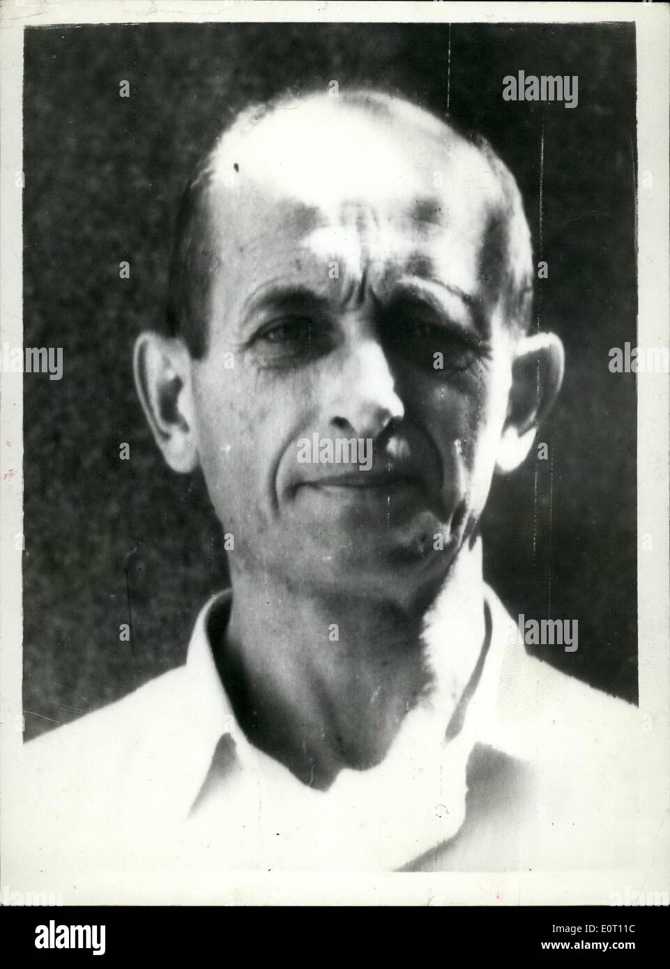 Jun. 06, 1960 - FIRST PORTRAIT OF ADOLF EICHMANN SINCE CAPTURE BY ISRAELI INTELLIGENCE AGENTS... This is the first portrait of Adolf Eichmann former Nazi SS Colonel claimed to be the world's most notorious killer issued today by his captors Israeli secret service men...He is accused of organising the horrifying efficient system of mass extermination of Jews between the years 1938-1945 by gas chamber and other methods. Eichmann who is now 53 was arrested in the Argentine by secret agents of the Israeli Government after months of careful investigation. Stock Photo
