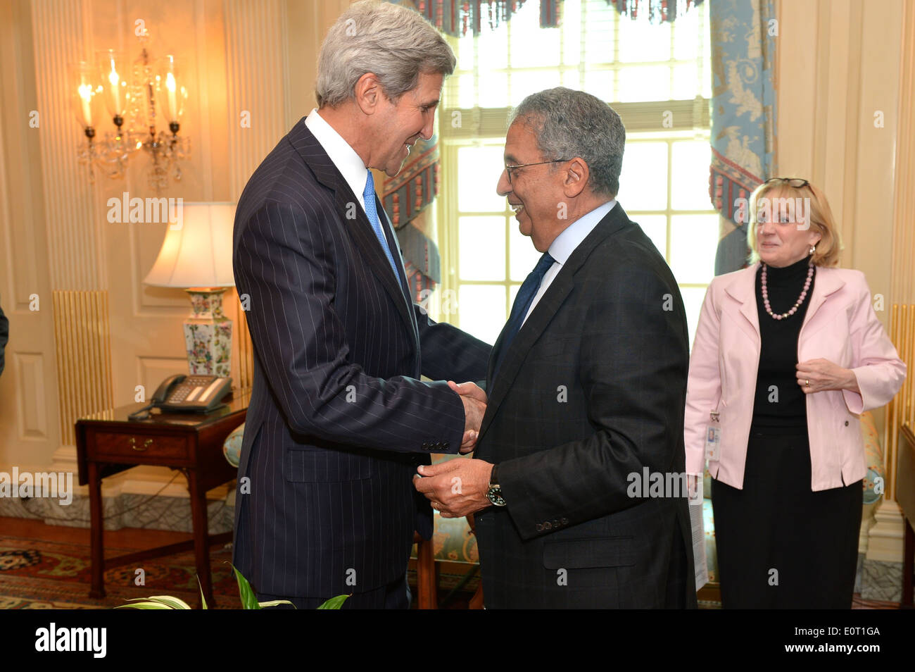 Secretary Kerry Greets Former Arab League Secretary-General Moussa Stock Photo
