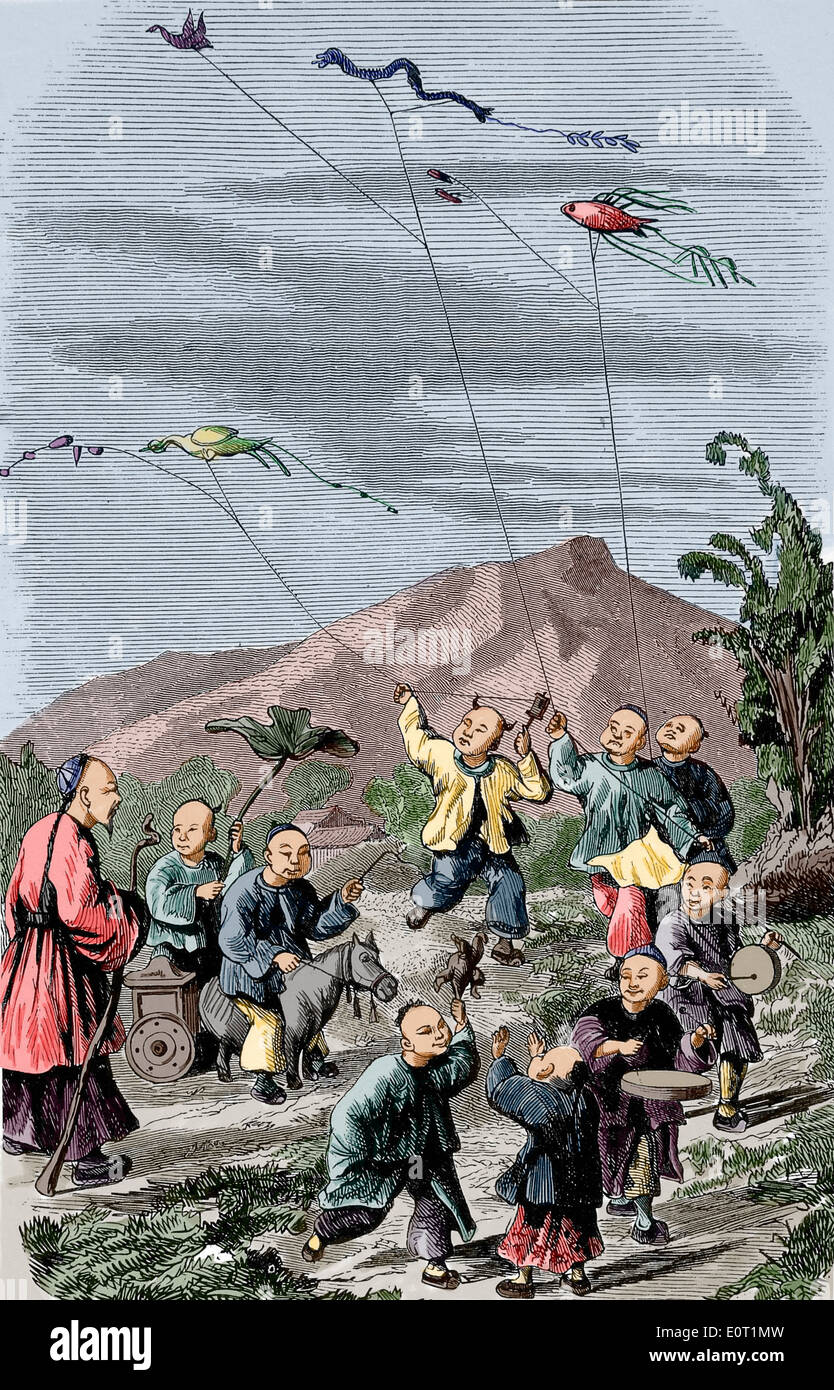 China. Childrens flying kites. Colored engraving. 19th century. Stock Photo