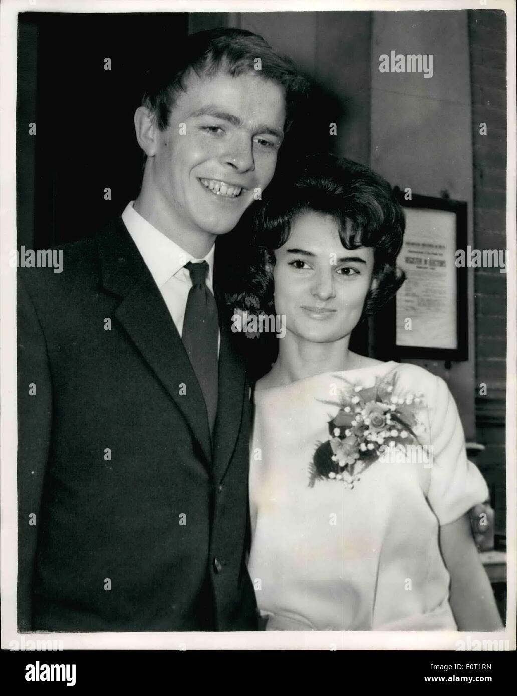 Jul. 07, 1960 - Sir Oswald Mosley's Son Marries: Max Mosley, 20-year-old son of Sir Oswald Mosley, was married today to Jean Taylor, 19-year-old daughter of a City of London policeman, at Chelsea Register Office. Young Mosley is reading physics at Christ Church,Oxford. Photo shows Max Mosley and his bride Jean Taylor pictured after their wedding today. Stock Photo