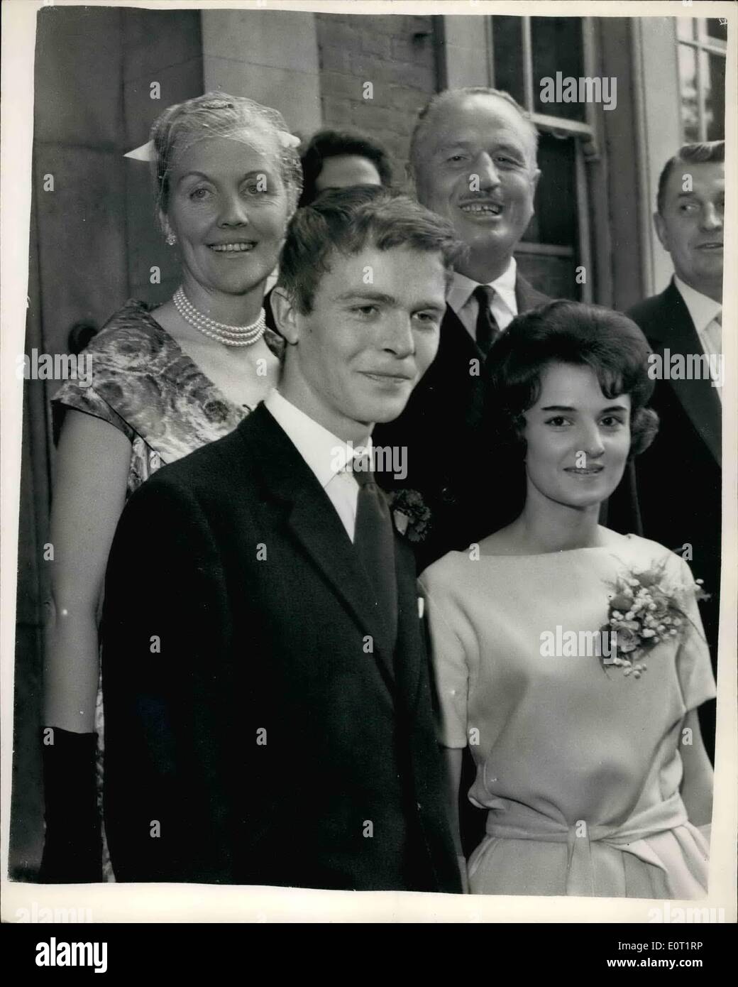 Jul. 07, 1960 - Sir Oswald Mosley's Son Marries: Max Mosley, 20-year-old son of Sir Oswald Mosley, was married today to Jean Taylor, 19-year-old daughter of a City of London policeman, at Chelsea Register Office. Young Mosley is reading physics at Christ Church,Oxford. Photo shows Max Mosley and his bride Jean Taylor pictured after their wedding today. Stock Photo