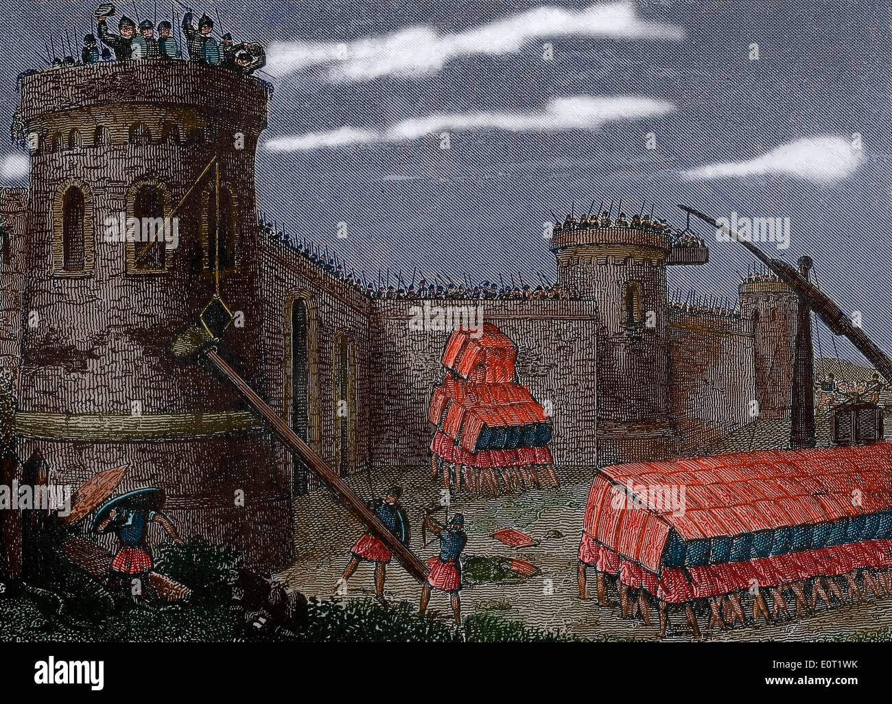 Roman Empire. Siege engine. Battering ram and testudo formation. Engraving (Later colouration) Stock Photo