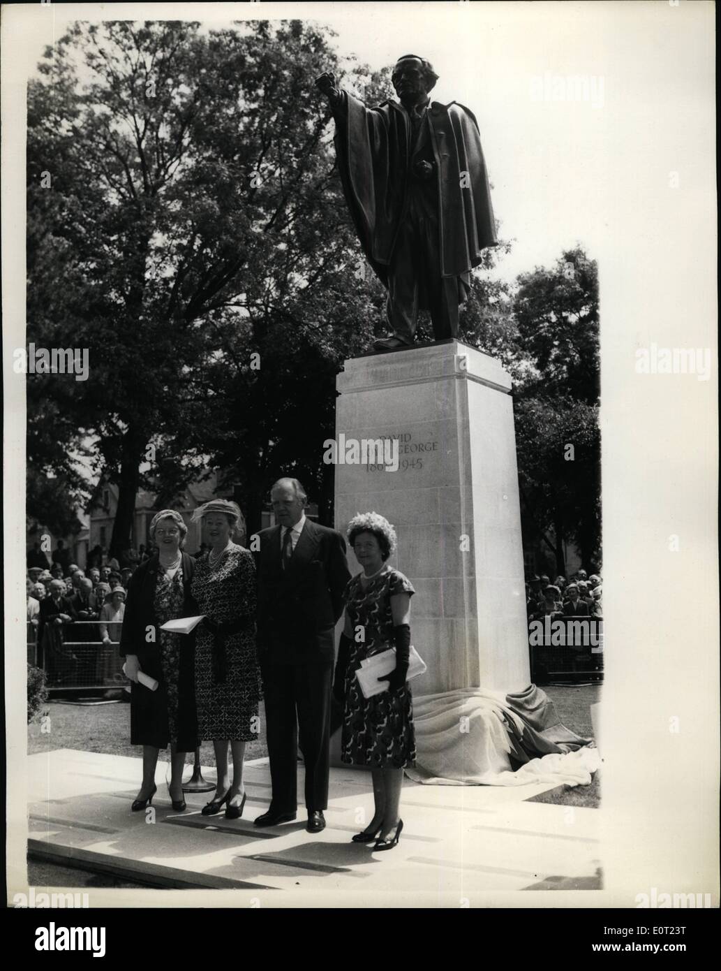 Jul. 07, 1960 - PRIME MINISTER UNVEILS LLOYD GEORGE STATUE: Prime Minister Harold Macmillan this afternoon unveiled the National Memorial statue to Earl Lloyd George.. The Statue - paid for our of a &pound;6,000 memorial fund contributed to by Welsh folk all over the world - is the work of London sculptor Michael Rizzello - is eight ft. high and stands on a plinth in the Gorsedd Gardens, opposite the National Museum of Wales - in Cardiff. Stock Photo