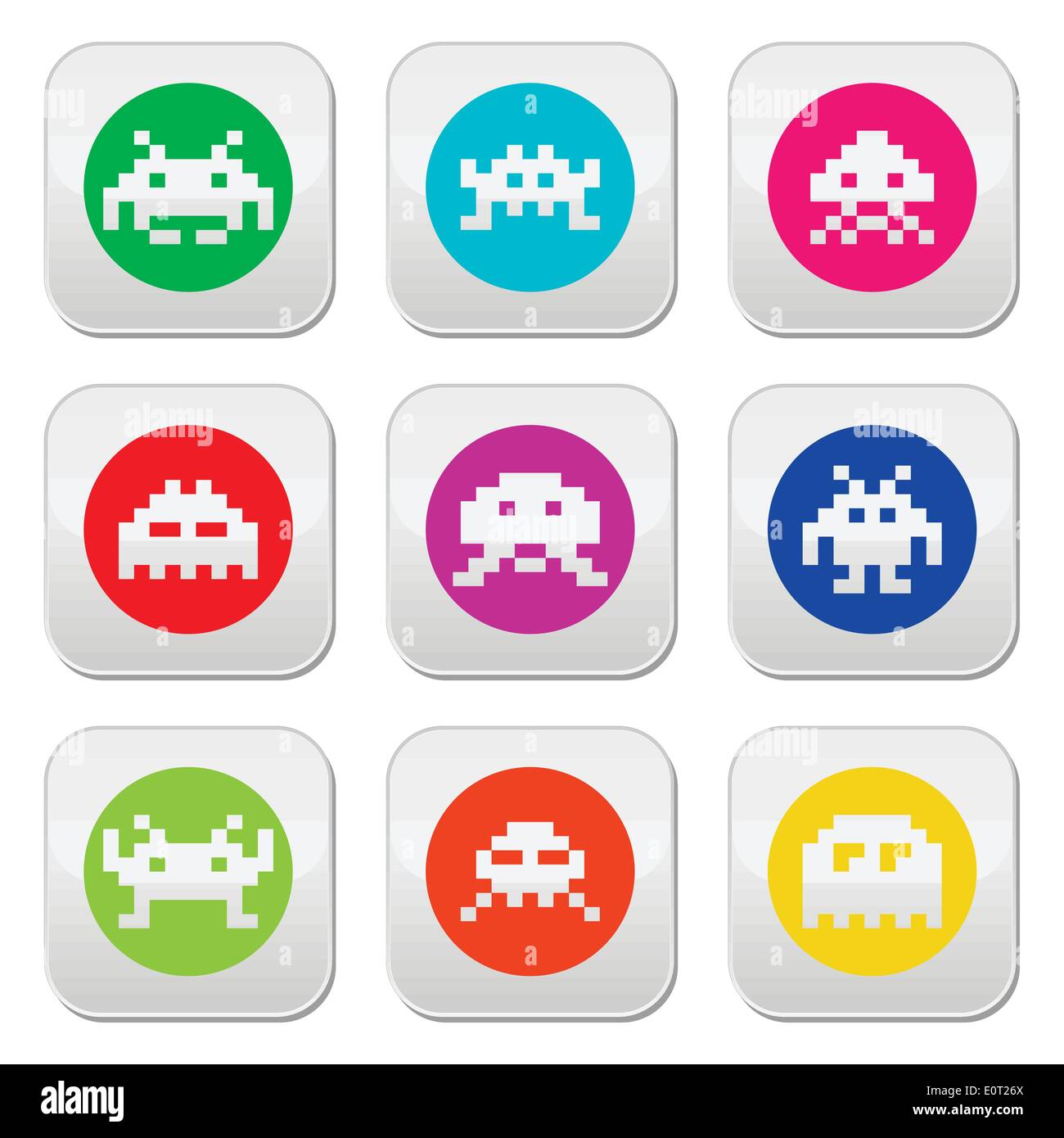 Space invaders, 8-bit aliens round icons set Stock Vector