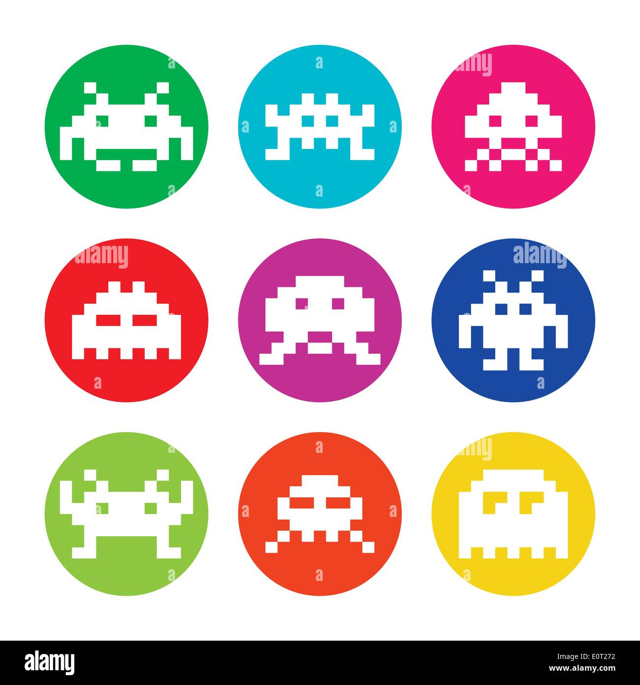 Space invaders, 8bit aliens round icons set Stock Vector