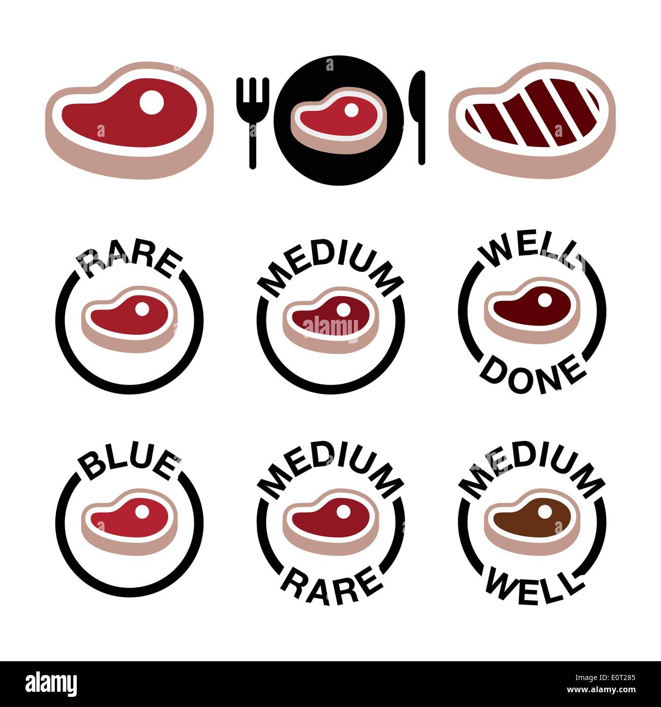 Steak - medium, rare, well done, grilled icons set Stock Vector
