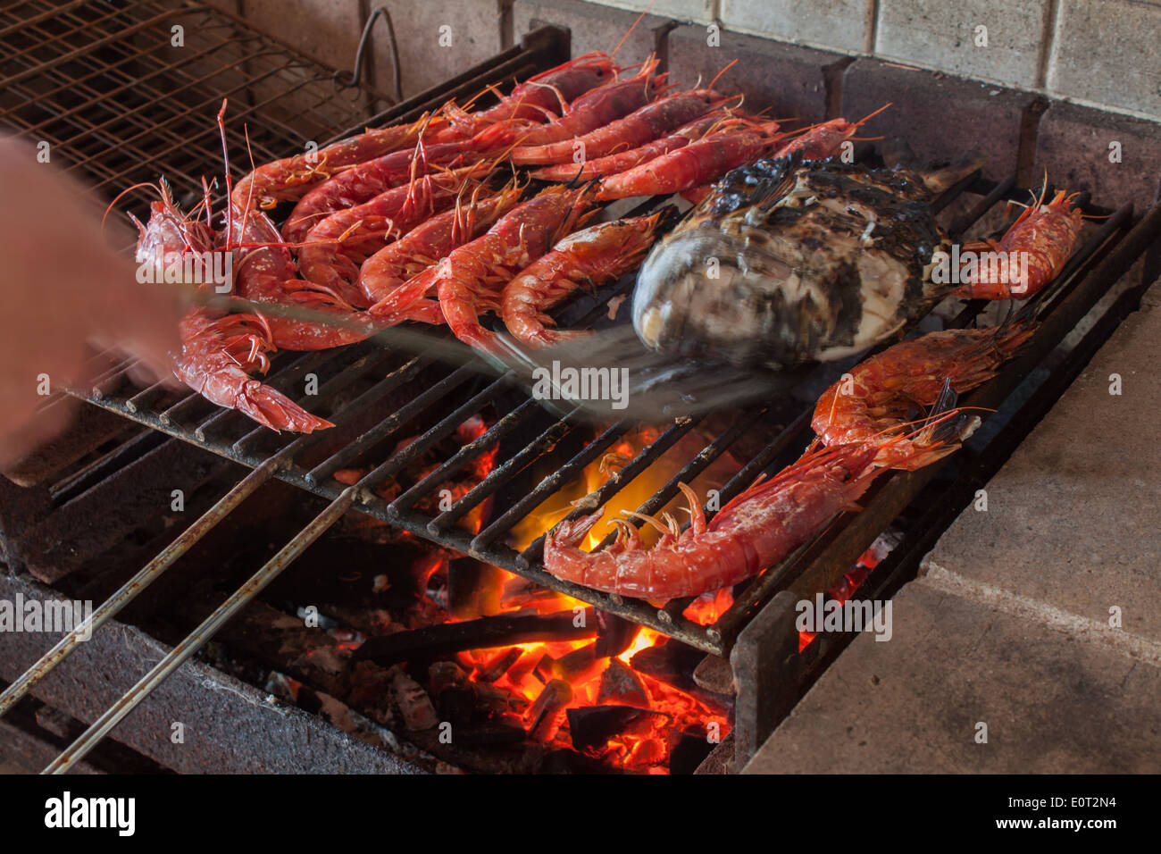 hand cooking shrimps shellfish seafood grill barbecue closeup fish 'sea bream' flame coal fire Stock Photo