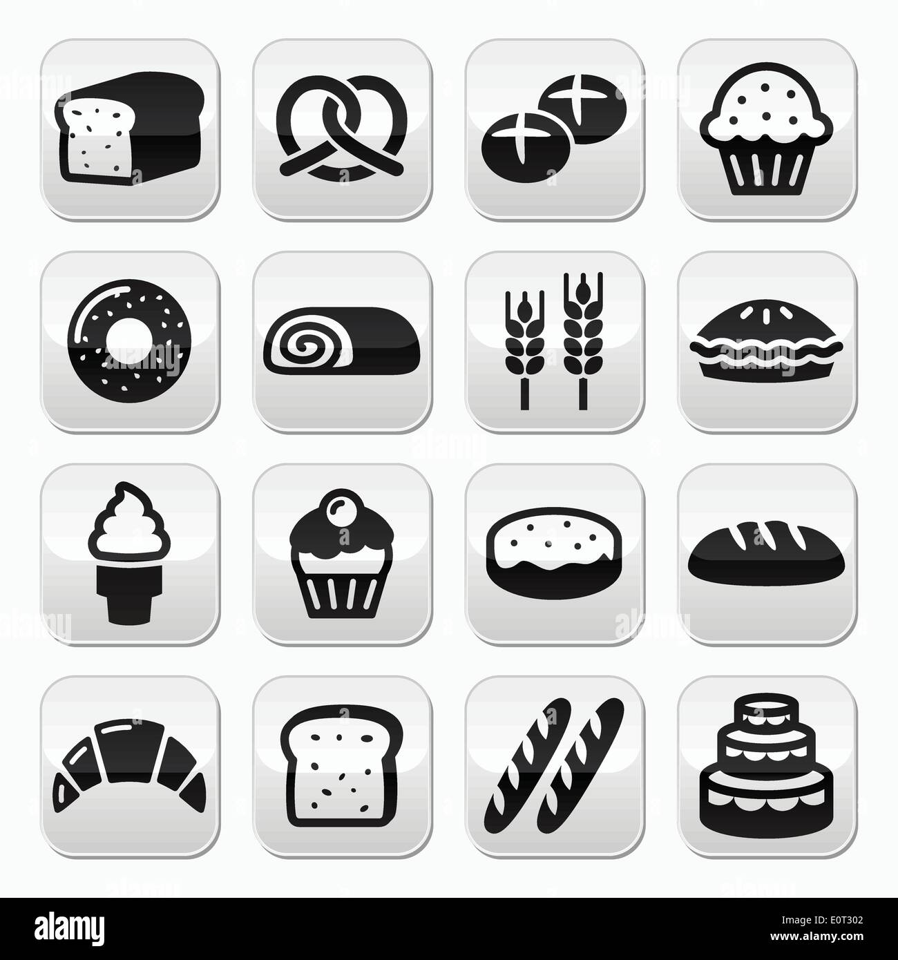 Bakery, pastry buttons set - bread, donut, cake, cupcake Stock Vector