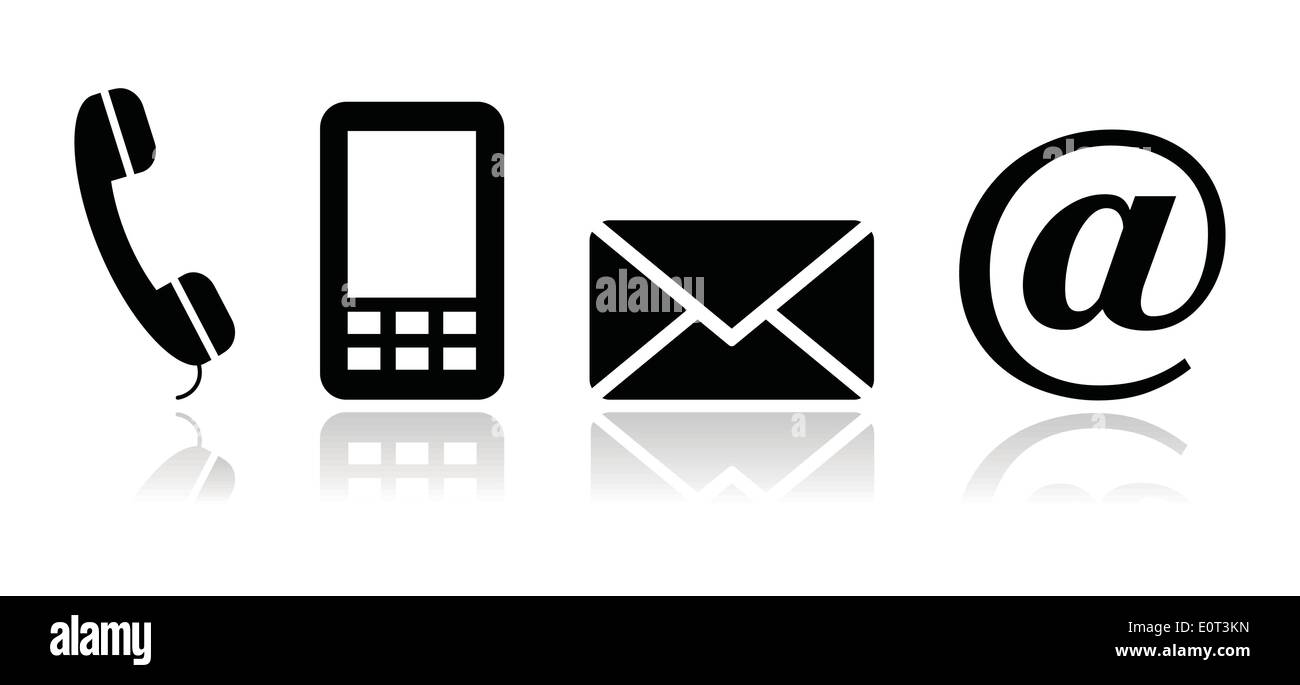 Contact black icons set - mobile, phone, email, envelope Stock Vector