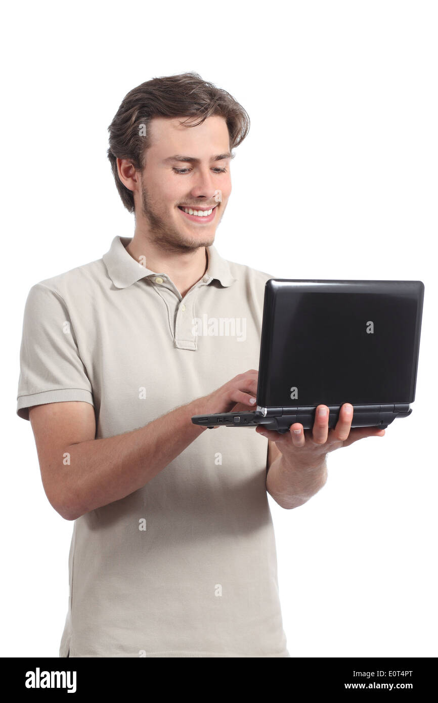 Young student boy browsing his netbook computer isolated on a white background Stock Photo