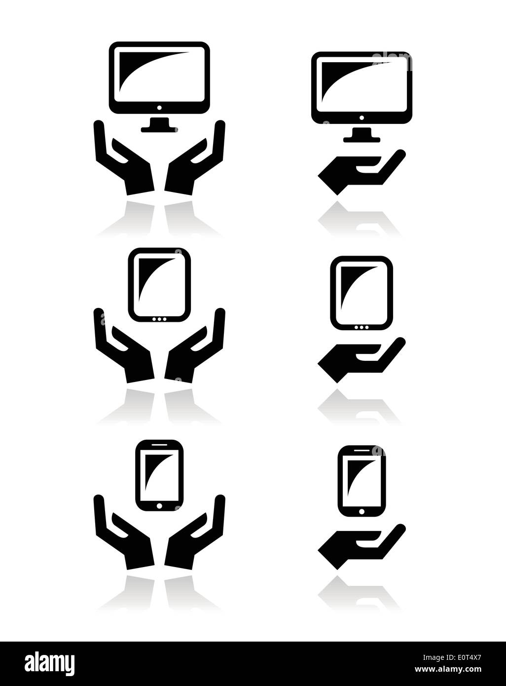 Hands with computer, tablet, mobile or cell phone icons Stock Vector