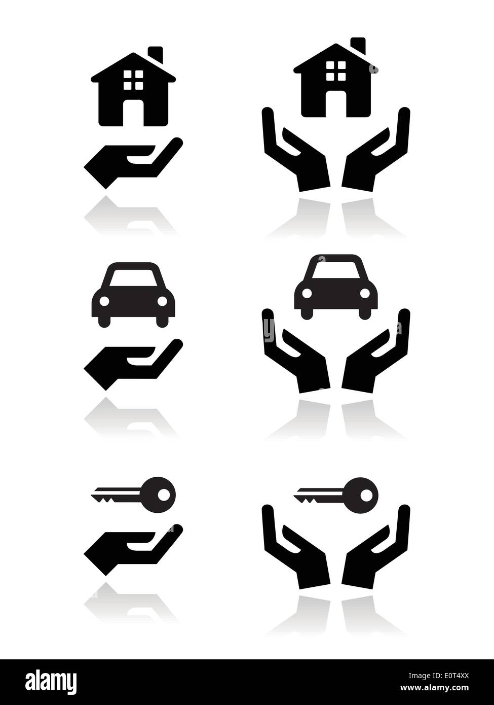 Home, car, keys with hands icons set Stock Vector