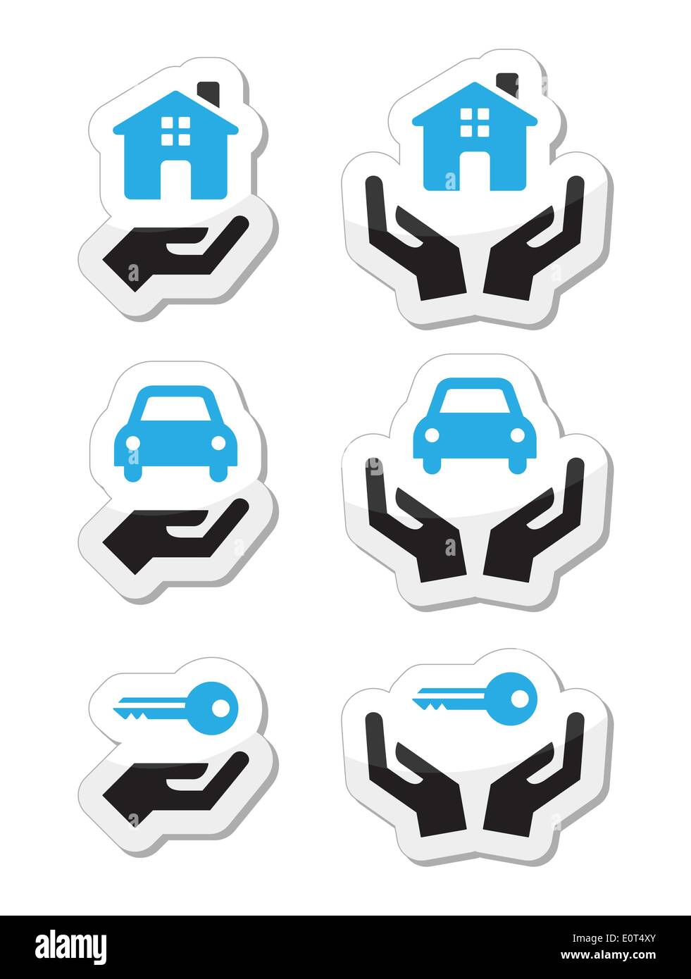 Home, car, keys with hands icons set Stock Vector