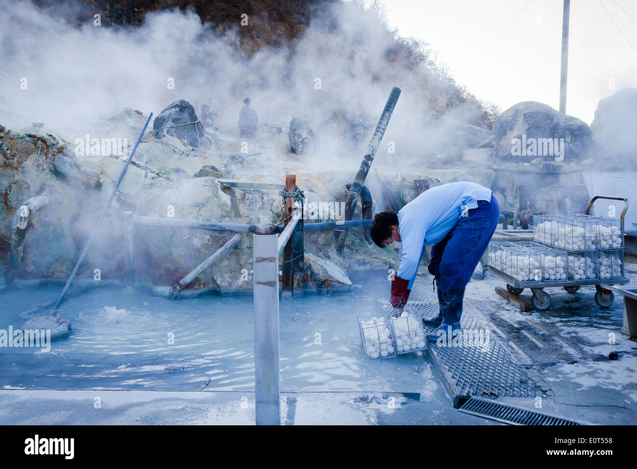 Cooking eggs in the volcanic hot springs at Owakudani, Hakone, Japan