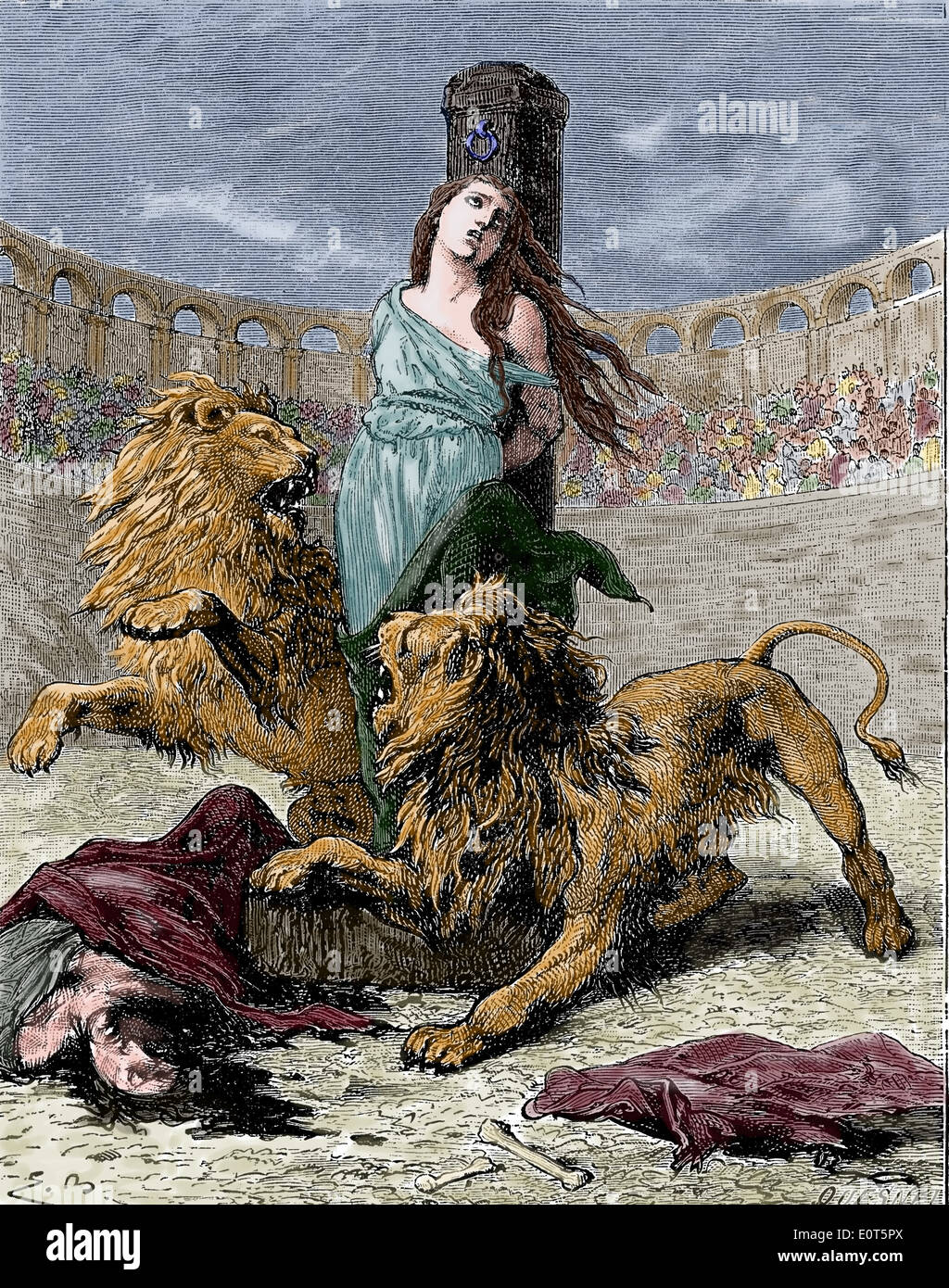 Christians given to the lions in the Roman amphitheater. Cyclopedia of Universal History, 1885. Later colouration. Stock Photo