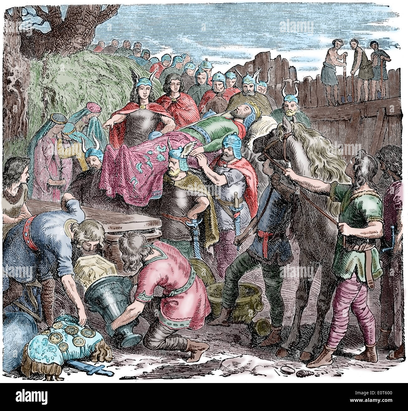 Death of Alaric I( 370-410). Buried in the bed of the Busento River. Engraving. Color Stock Photo