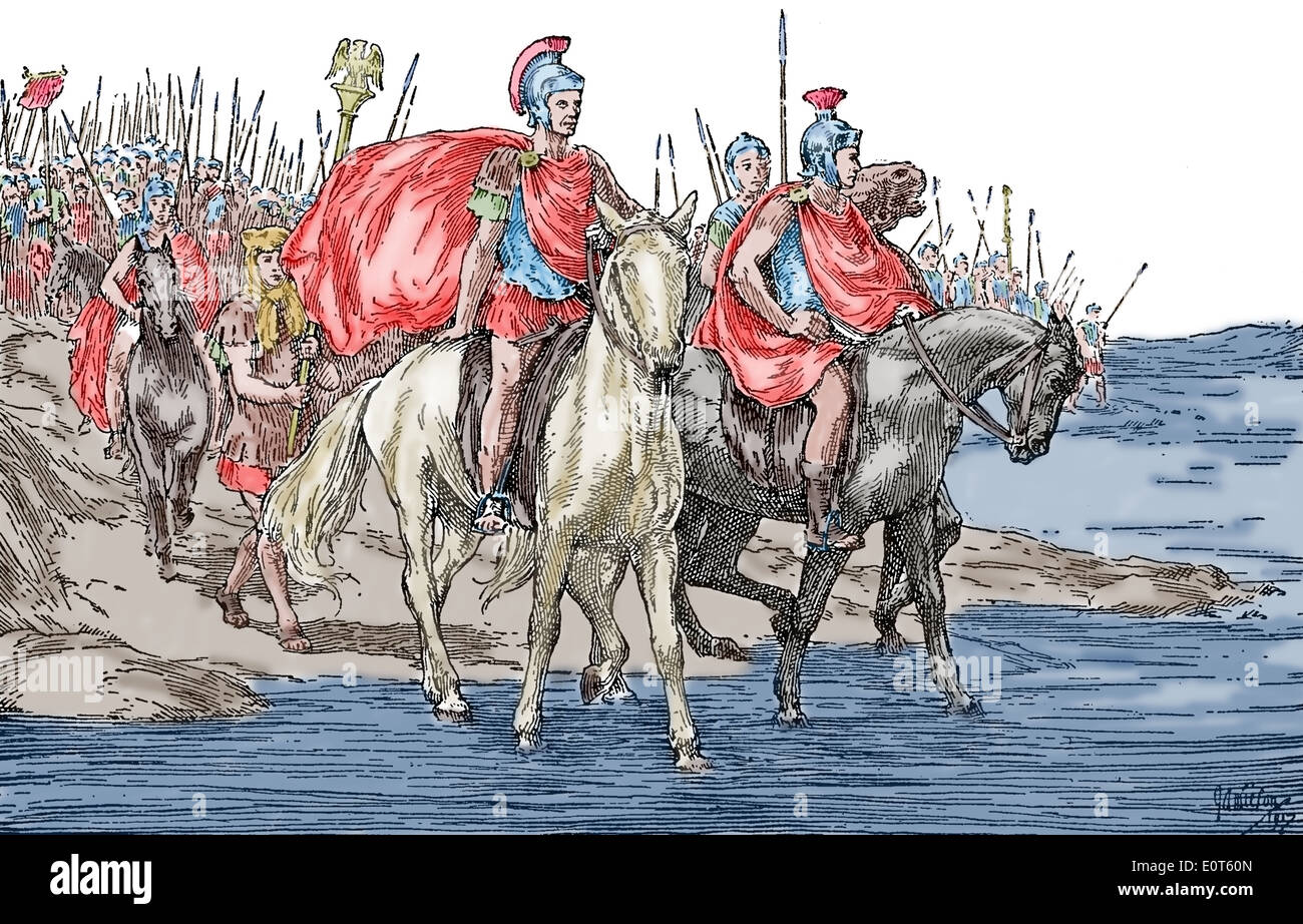 Julius Caesar (100 BC-44 BC)crossing the Rubicon. 49 Bc. 19th century. Later colouration. Stock Photo