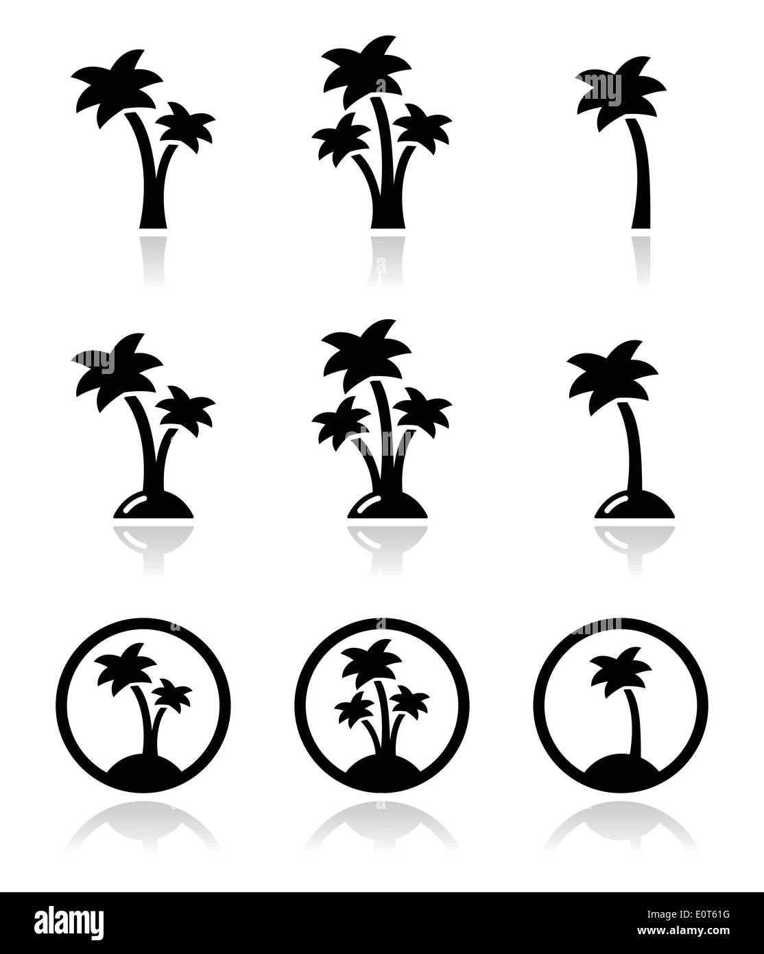 Palm trees, exotic holidays on beach vector icons set Stock Vector