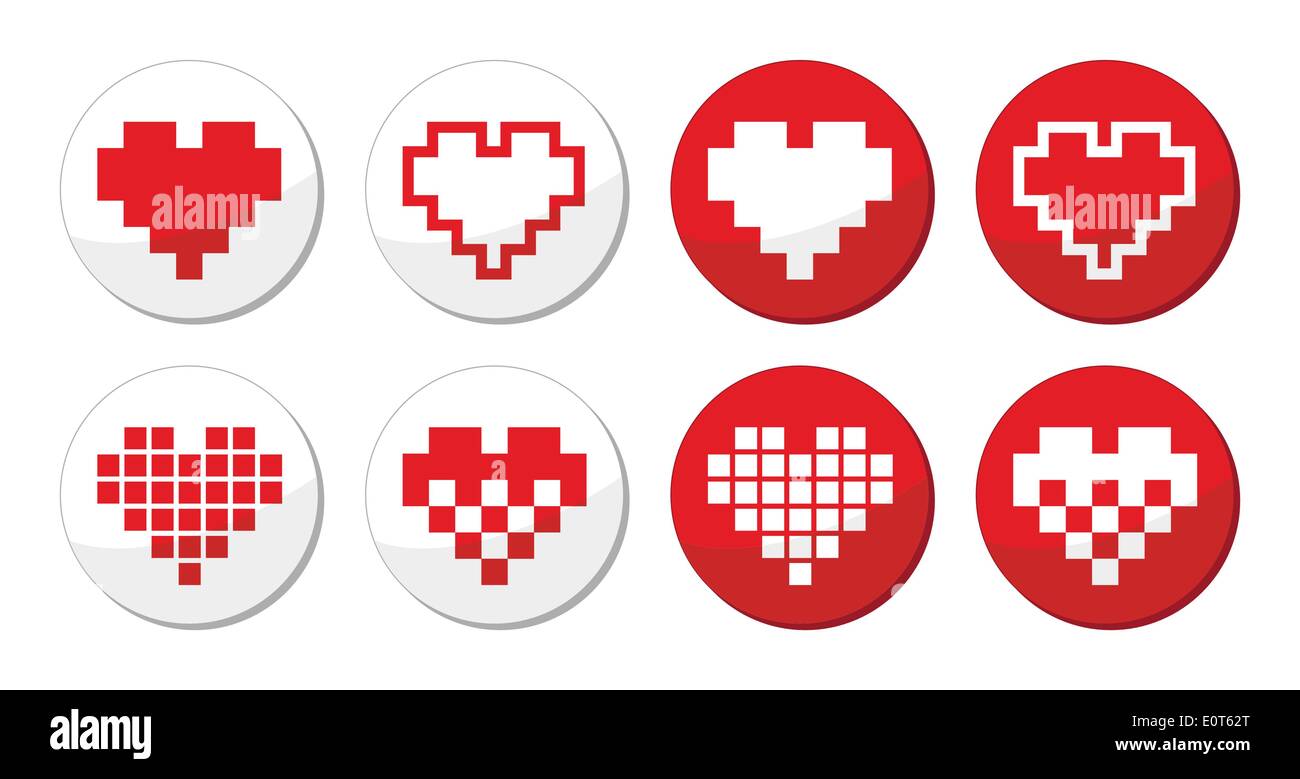 Pixeleted red heart icons set - love, dating online concept Stock Vector
